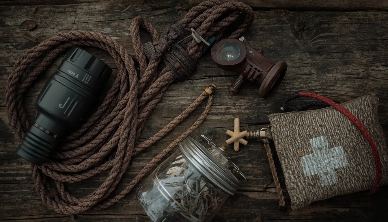 Guide safety gear including rope and first aid kit for Trova trips.