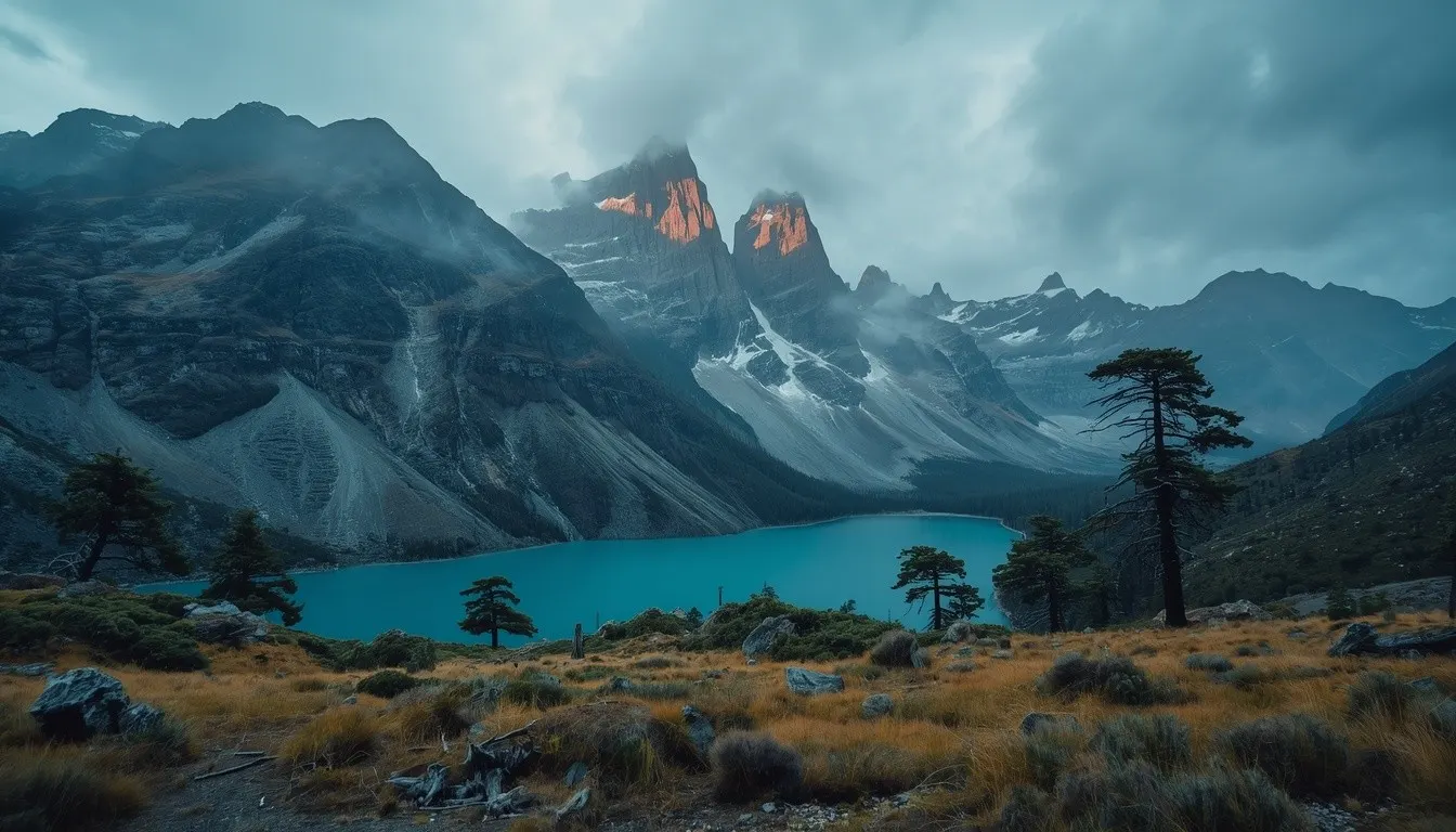 Sunrise light on the granite towers of Torres del Paine above a turquoise glacial lake