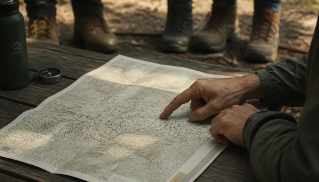 Guide reviewing a paper map with a small hiking group before departure on a Trova trip.