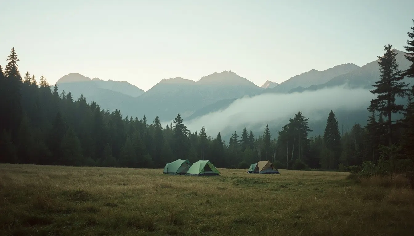 Campsite pitched near a treeline on a Trova guided hiking trip.