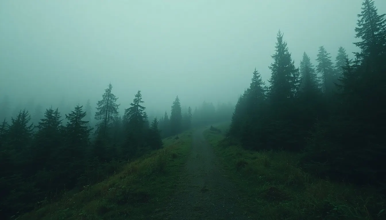 Misty forest trail background for the Trova contact page and hiking trip enquiries.