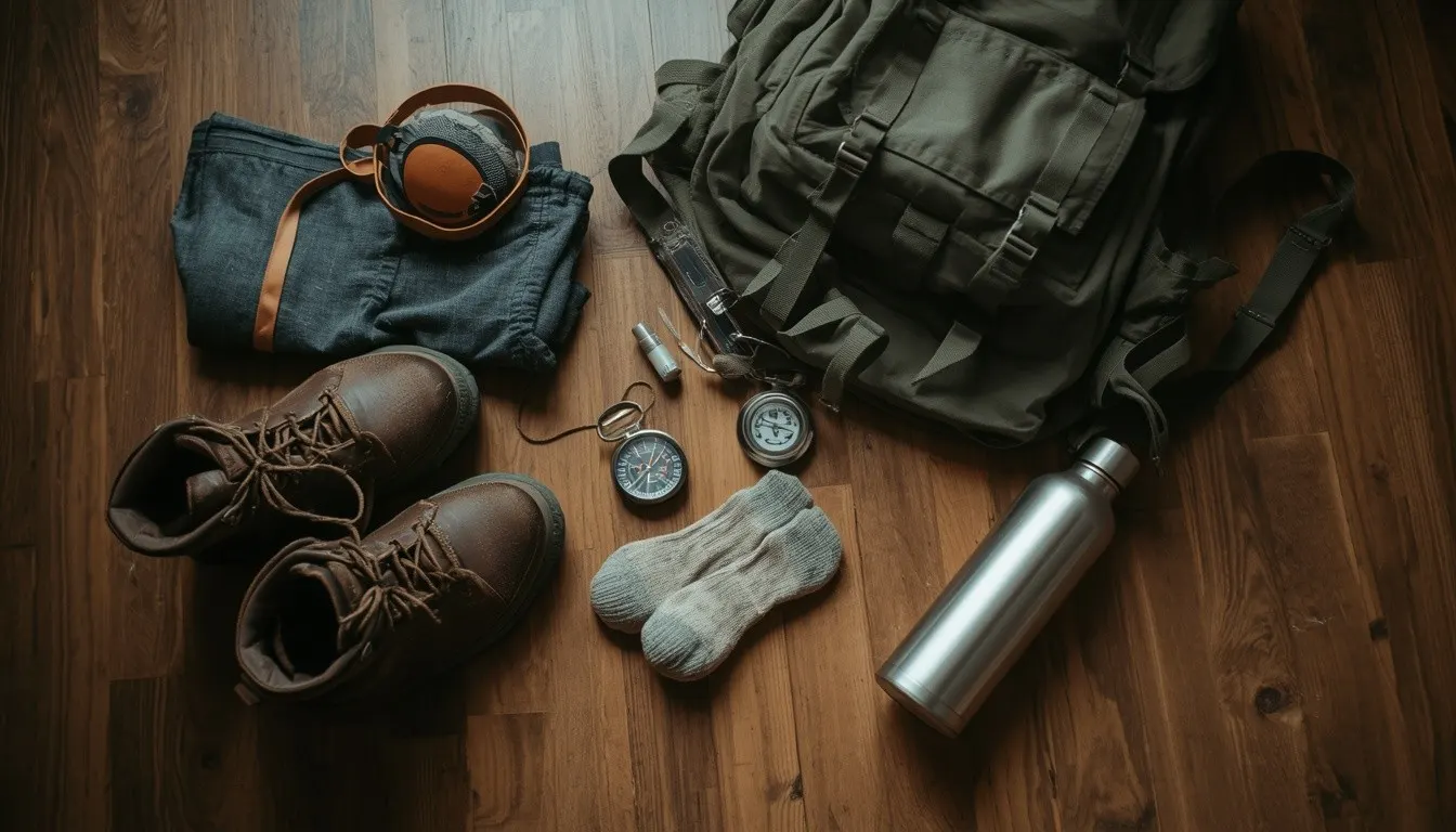 Flat lay of hiking gear including boots, compass, and backpack for Trova trip packing guide.