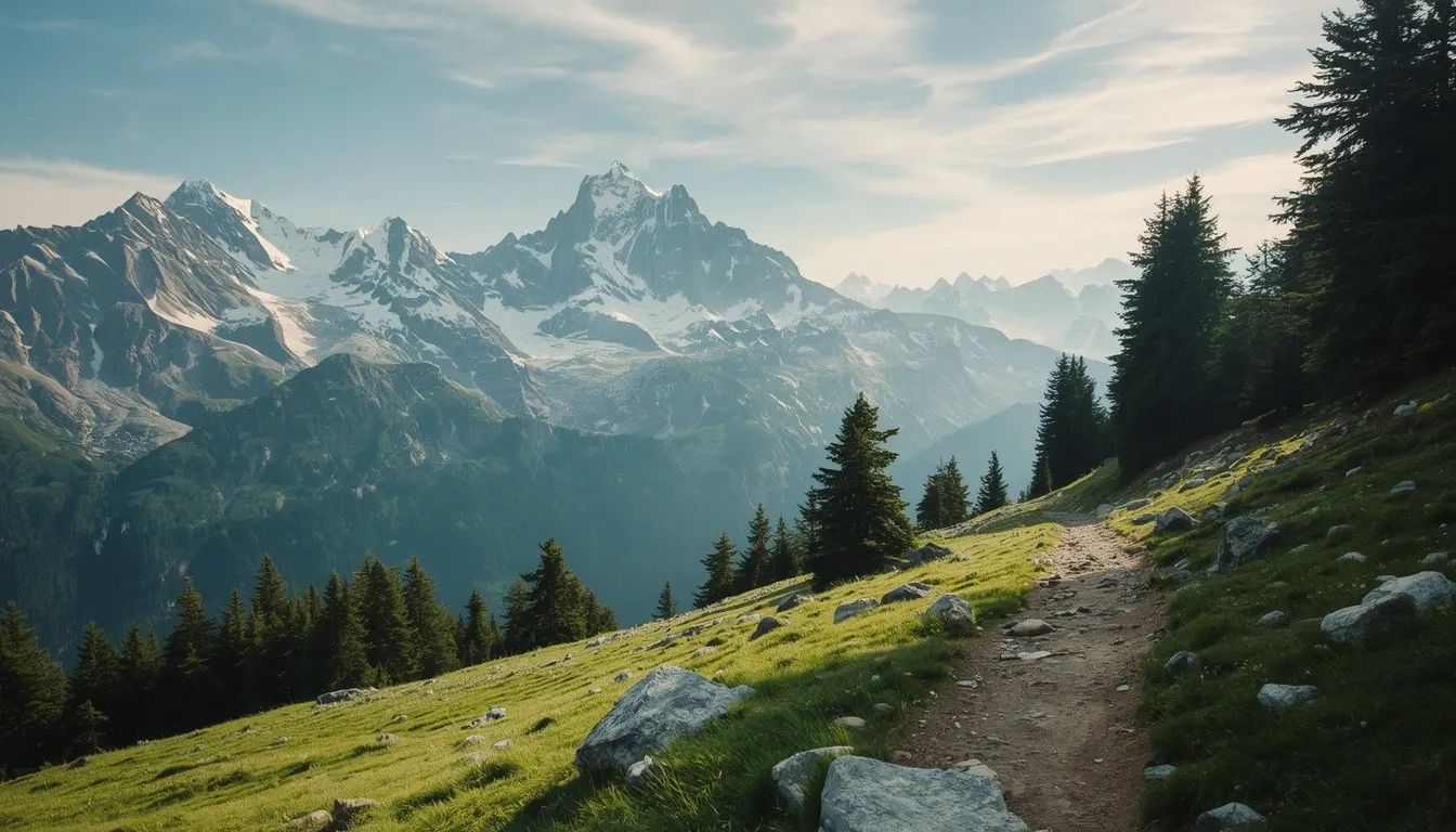 The alpine trail of the Tour du Mont Blanc with the massif rising in the distance