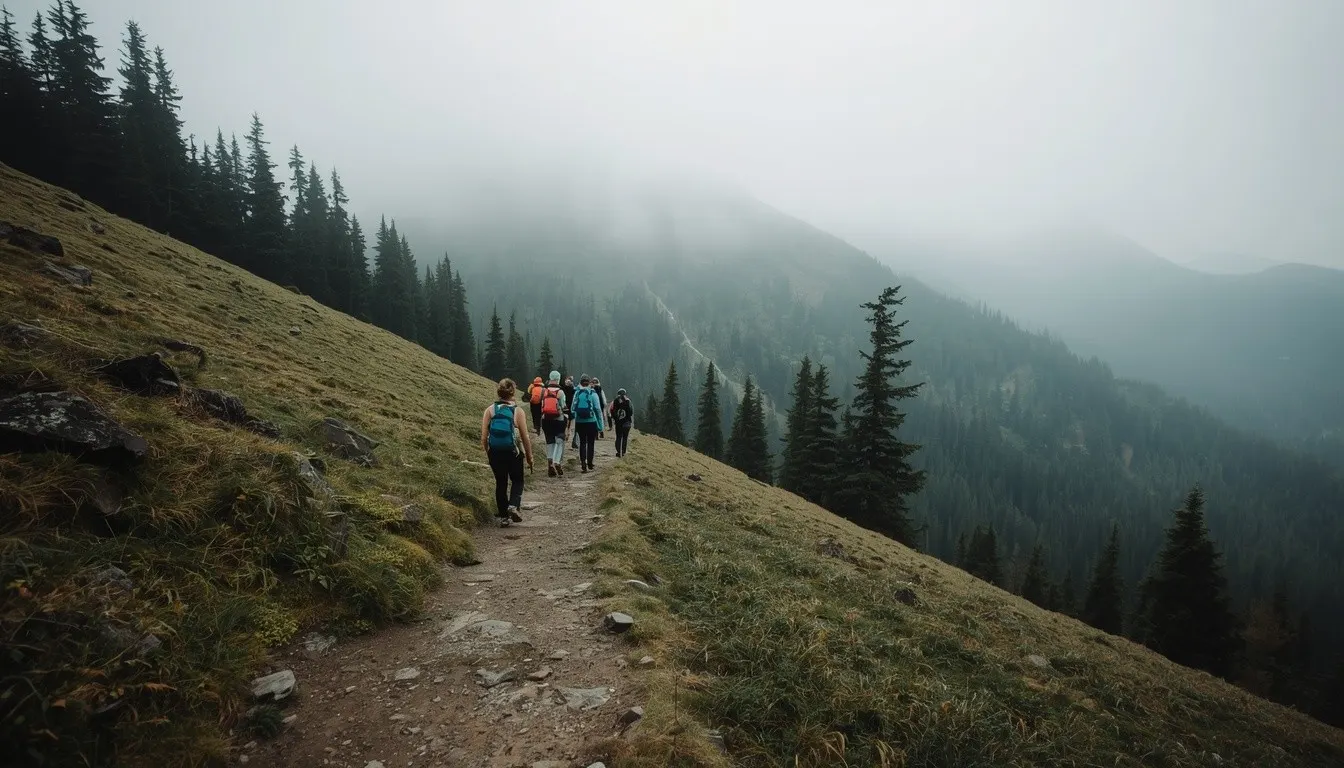 Small group of hikers spaced along a mountain path on a guided Trova trip.