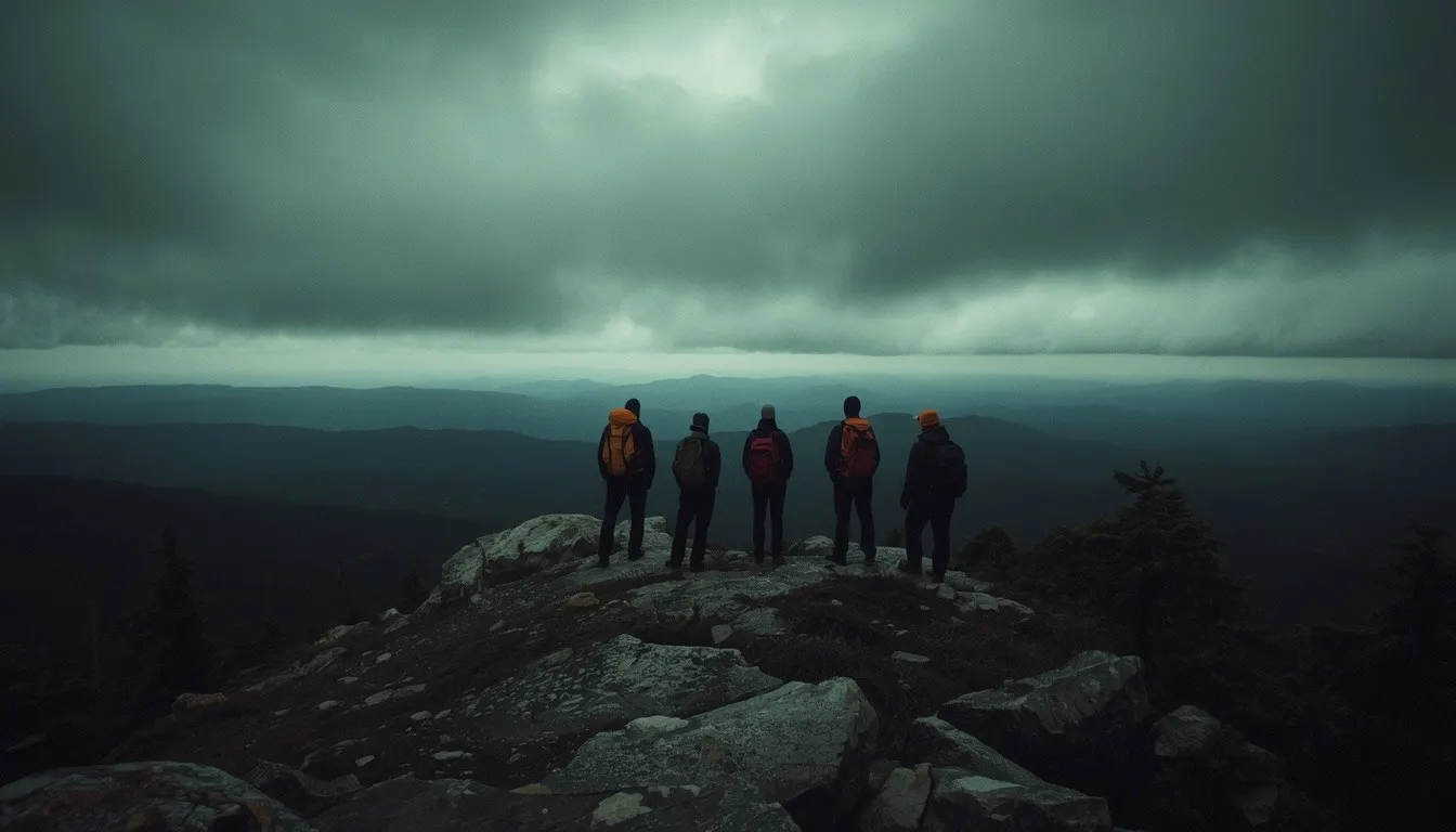 Group pausing on a ridge as weather shifts on a Trova trip.