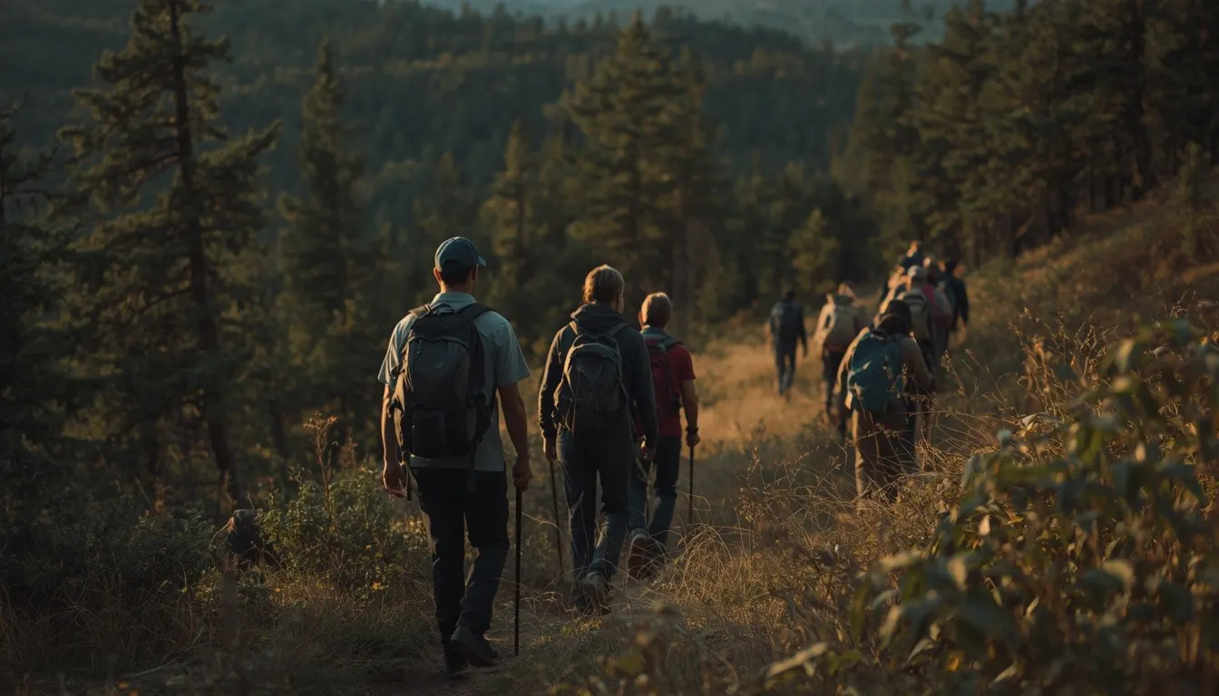 Small group hiking a forested ridge midway through a multi-day Trova trip.